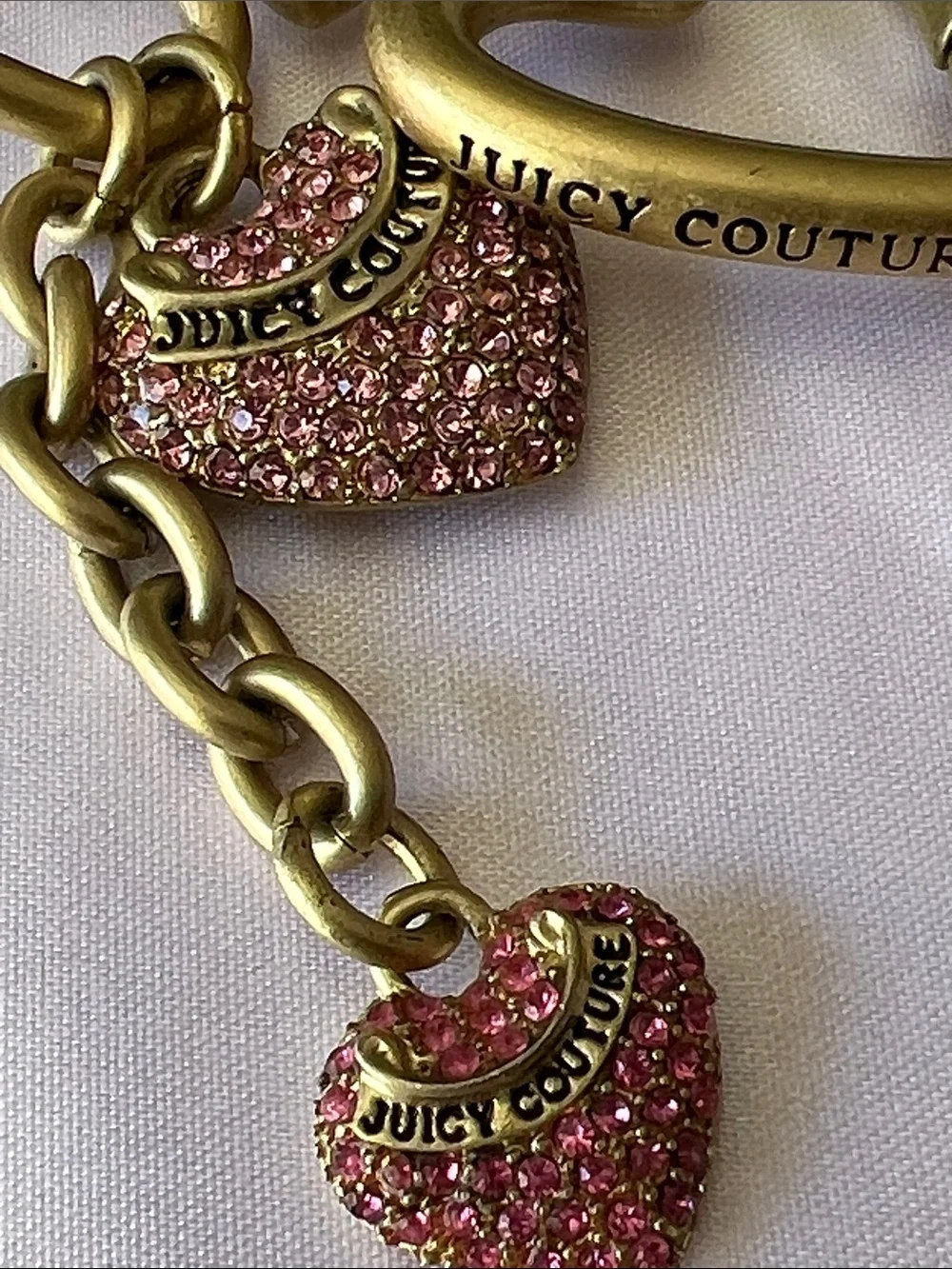 Juicy Couture Vintage Gold-Tone Heart Keychain with Pink Crystal Heart Charms